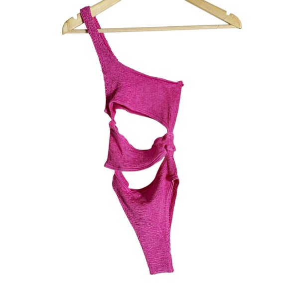 Bond Eye Rico Pink One Shoulder Cut Out One Piece Crinkle Swimsuit One Size - Picture 3 of 10